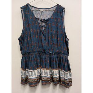 Maurices Womens BOHO Peasant Top Size 3X Blue Floral Lace Up Sleeveless Beach